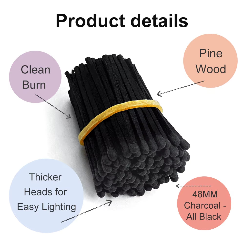 2" Charcoal All Black Matches 100 Sticks Bulk Matches with Striker Wooden Safety Match Sticks Matches for Candle (Free Shipping)